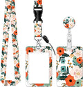 BLOCIT ID Badge Holder with Lanyard - Fashionable ID Card Holders with Retractable Lanyards - Soft Fiber Metal Clip Sturdy Buckle for Key Wallet - Work Nurse Teacher (Cute Orange Flowers)