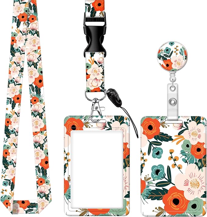 BLOCIT ID Badge Holder with Lanyard - Fashionable ID Card Holders with Retractable Lanyards - Soft Fiber Metal Clip Sturdy Buckle for Key Wallet - Work Nurse Teacher (Cute Orange Flowers)