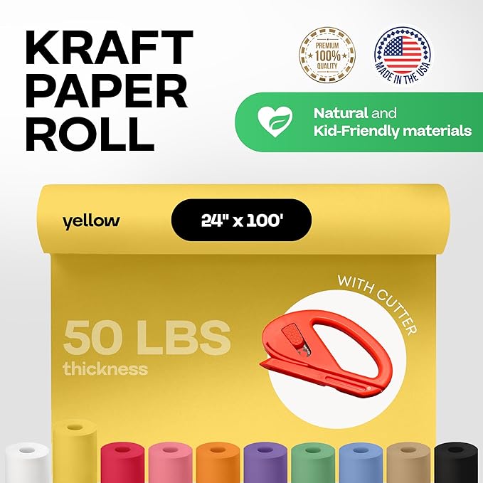 Yellow Kraft Paper Roll 24" x 1200" (100 feet) with Cutter - USA-Made Gift Wrapping Paper for Packing, Moving, Shipping & Crafts/Arts - 100% Recyclable Natural Craft Material by IDL Packaging