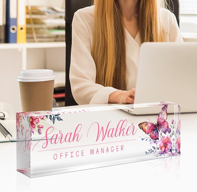 SalaGraphics Desk Name Plate Personalized, Custom for Desk, Office Decor Women Men, Acrylic Accessories, Gifts Coworkers Boss Teacher, Employee Appreciation (Pink Orchids), 8”(L)x2.5(W)