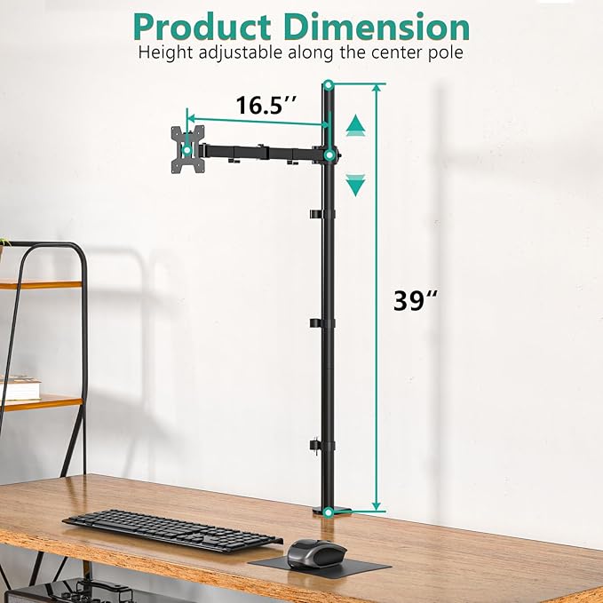 WALI Single Monitor Stand Desk Mount, 39 inch Tall Monitor Stand Fully Adjustable, Articulating Arm for Computer Screen up to 32 inch, 22lbs (M001XXL), Black
