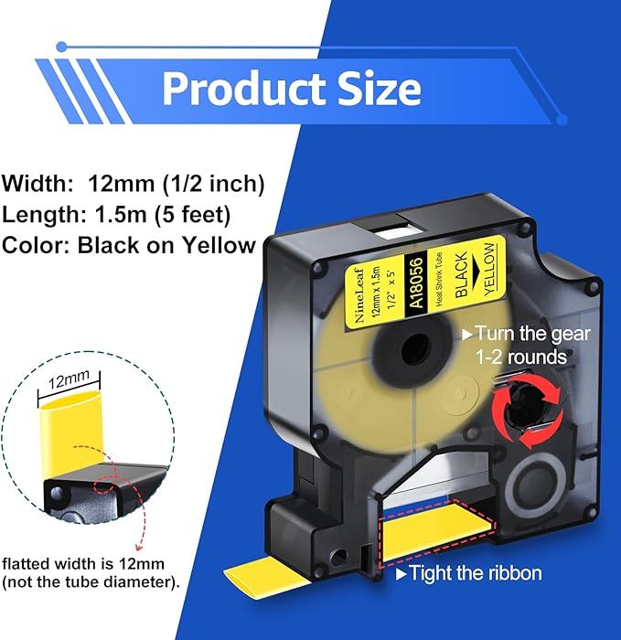 NineLeaf 10 Pack Compatible for Dymo 18056 Black on Yellow Heat Shrink Tube Labels 1/2 inch 12mm Industrial Label Tapes for Wires and Cables for Rhino 4200 5200 5000 6000 3M Label Maker