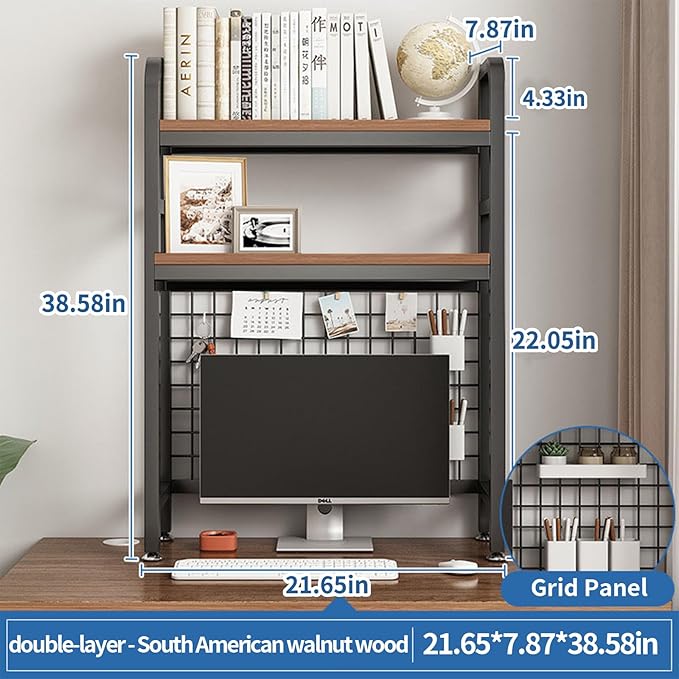 Desk Shelf Bookcase 2-Tier Metal Desktop Bookshelf Hutch with Grid Panel and DIY design possible Multipurpose Storage Organizer Display Rack for Dorm Office Home Computer Desk(Black 21.7"×7.9"×38.6")