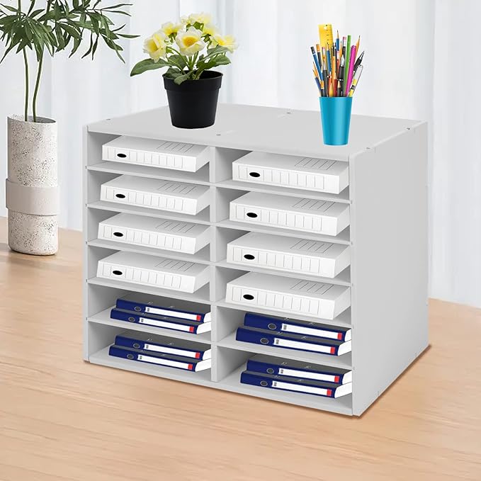 Literature Organizer Sorter for Desk, 12 Slots Adjustable File Sorter Mail Organizer, Paper Sorter Organizer, Open Design Paper Storage Mailbox for Office School Classroom, White