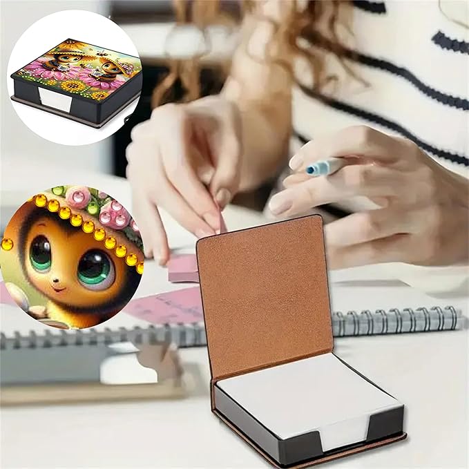Bee Diamond Painting Note Box Memo Pad Holder, Diamond Art Sticky Notes Organizer for Desk, Aesthetic Stationery Storage Case for Office,School Supplies (Bee)