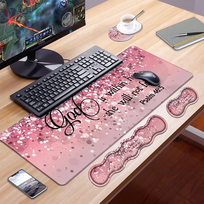 Ergonomic Keyboard Wrist Rest & Mouse Pad Wrist Rest Set,Large XXL Gaming Desk Mat 31.5"x 11.8",Memory Foam, Easy Typing Pain Relief,Multifunctional Desk Mat for Office & Home,Bible Verses Psalm 46:5