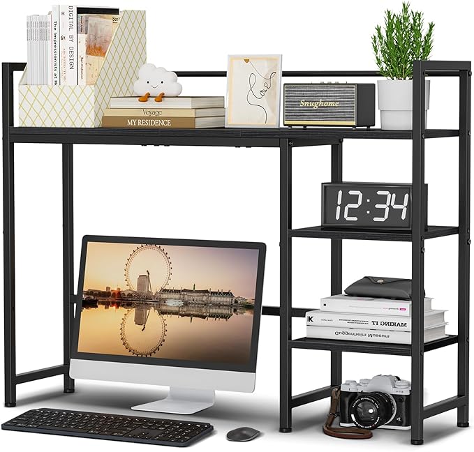 Snughome Desk Shelf, 38.6" Desk Hutch for Computer Monitor, Desktop Organizer Shelf, 4 Tier Desk Display Rack, Wood Desktop Bookshelf Storage Rack for Home Office Dorm, Black