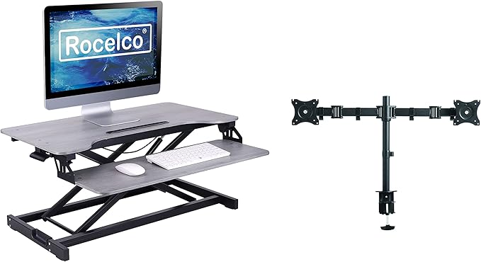 Rocelco Standing Desk Converter with Dual Monitor Mount - 31.5 Inch Sit Stand Up Tabletop Riser with Tablet Holder, Height Adjustable Workstation - Deep Keyboard Tray for Laptop - Gray (R VADRG-DM2)