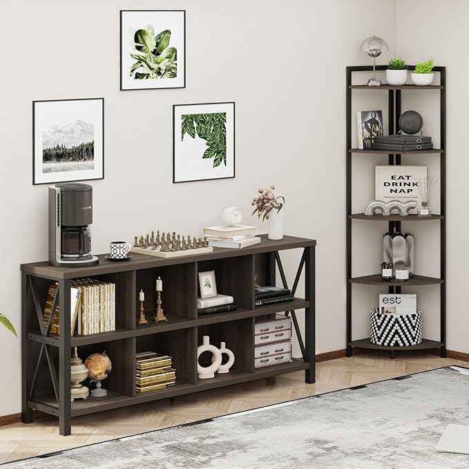 FATORRI 8 Cube Storage Organizer Bookshelf, 62 Inch Rustic Wood Horizontal Bookcase, Industrial Cube Long Book Shelf for Living Room (Walnut Brown)