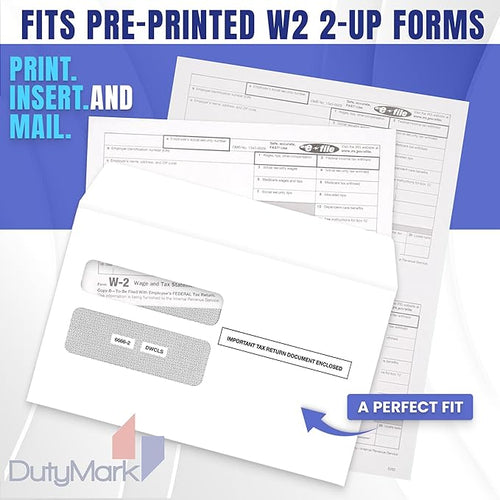 50 W2 Envelopes, Double Window Security Envelope For W2 2-Up Tax Forms, Designed for Printed W2 Laser Forms, For QuickBooks Desktop and Other Tax Software, 5 5/8’’ x 9’’, 50 Envelopes Gum Seal