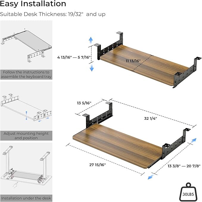 EUREKA ERGONOMIC Adjustable Keyboard Tray Under Desk, 28x11 Inch Large Slide Out Keyboard & Mouse Platform Tray, Wooden Pull Out Computer Keyboard Drawer for Typing Home Office Desk, Walnut