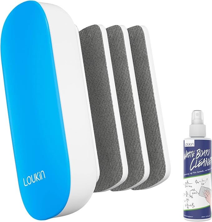loukin Replaceable Dry Erase Eraser, Magnetic Whiteboard Eraser with 3 Replaceable Felt Pads, 4-in-1 Glass Whiteboard Erasers, 3.4 fl oz Cleaner Included (Blue)