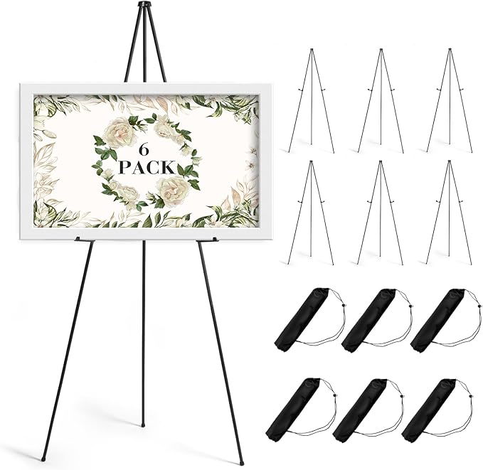 AZEAM 63" Easel Stand for Sign, 6 Pack Portable Easel for Painting, Foldable Black Metal Easel Display Stand Poster Holder Adjustable Sign Stand for Display Wedding Arts Poster