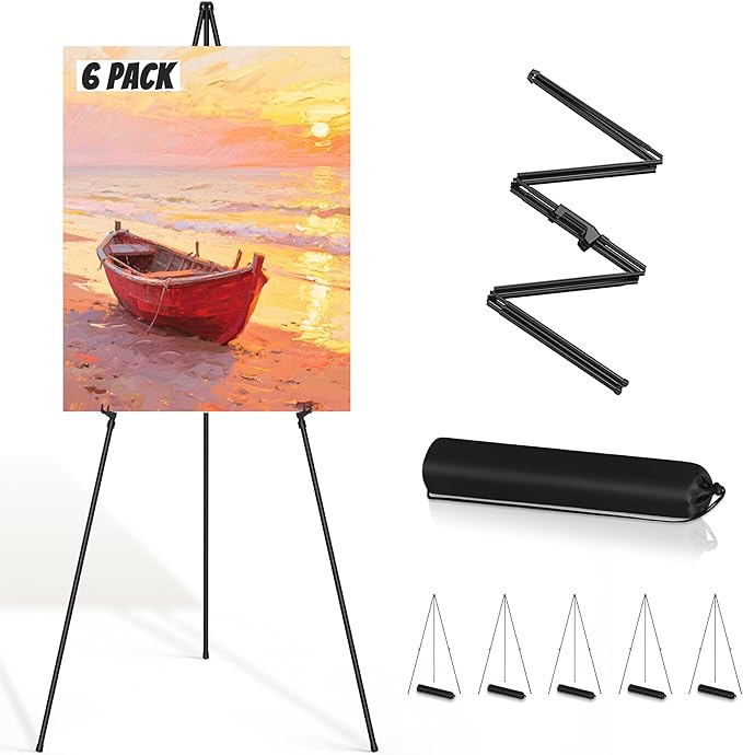 Thicken Display Artist Easel Stands - 63" Instant Tripod Collapsible Portable Floor Easels - Easy Folding Adjustable Art Poster Metal Stands for Display Show, Wedding, Painting - Black 6 Pack