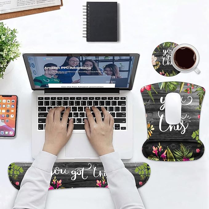 Keyboard and Mouse Wrist Rest Support Set With Coasters - You Got This Inspirational Quote Pad With Non-Slip PU Base for Home Office Working Studying Easy Typing & Pain Relief