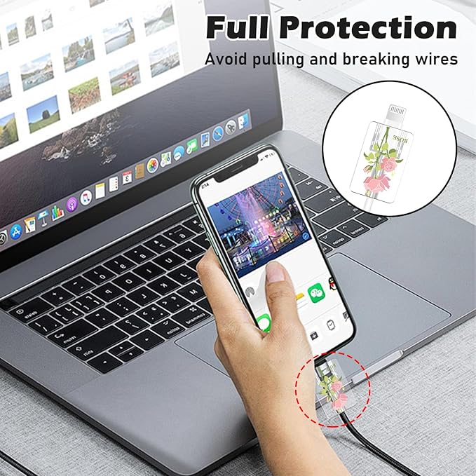 Flowers DIY Cable Protector for iPhone 18W/20W Charger,Pink Rose Pretty Design Transparent Data Line Cable Saver Phone Charging Protector for Apple Charger Case