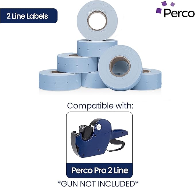 Perco 2 Line Blue Labels - 8 Rolls, 1 Sleeve, 6,000 Blank Price and Date Gun Labels for Perco 2 Line Price and Date Guns - Made in USA