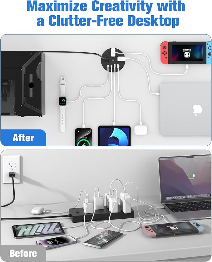 Desktop Power Grommet with 100W USB C, Double-Side Recessed Charging Station Plug in 5AC Outlets & 4 USB Ports, 4-Inch Hole Furniture Flush Mount for Countertop Black
