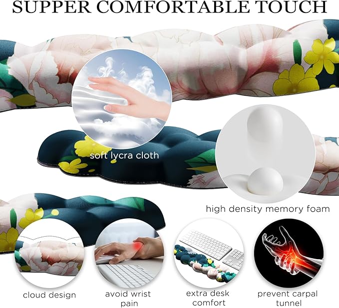 JIKIOU Cloud Wrist Rest Keyboard, Cloud Keyboard Wrist Pad Set with Comfortable Cloth, Cute Arm Rest for Palm Support, PC/Gaming Desk Accessories/Office Setup/Computer Hand Cushion Peony