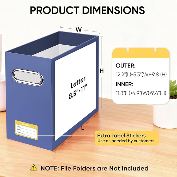 BALEINE File Organizer Box, Cardboard File Folder Organizer with Handle for Letter Size, Portable Collapsible Hanging Filing Box for Home Office Document Storage (2 Pack, Navy)