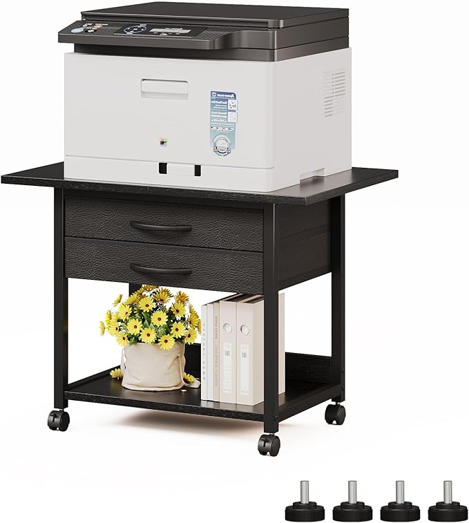 Large Printer Stand with Storage Fabric Drawer Under Desk Printer Table with Wheels for Home Office, Printer Cart fit Fax Machine Scanner 23.4"x15.7" (Black, 2 Tiers)