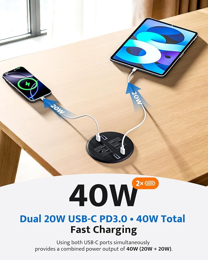 3 inch Recessed Power Grommet with AC Outlets, 20W USB C Fast Charging Conference Recessed Outlet, 40W Total, Flush Mount for Desk,Office Tables,Furniture, 4 USB Ports, Black
