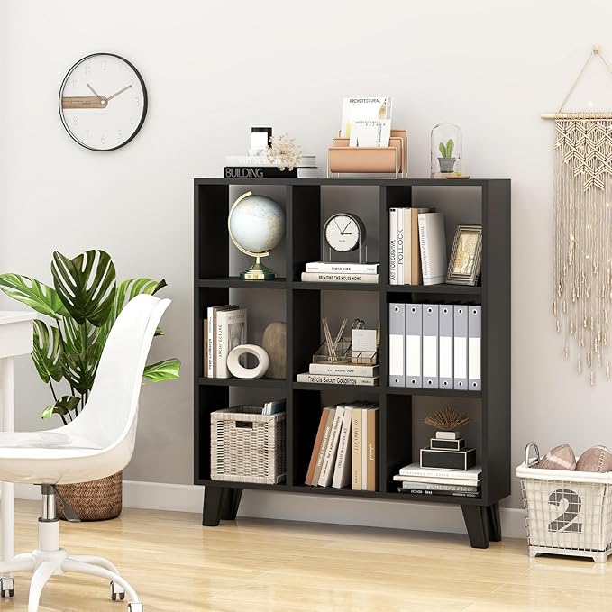 Giantex 9-Cube Open Bookcase, 3-Tier Freestanding Bookshelf with 4 Slanted Legs & 6 Removable Shelves, Modern Cubby Storage Organizer, Wood Display Book Shelf for Living Room Bedroom Study (1, Black)
