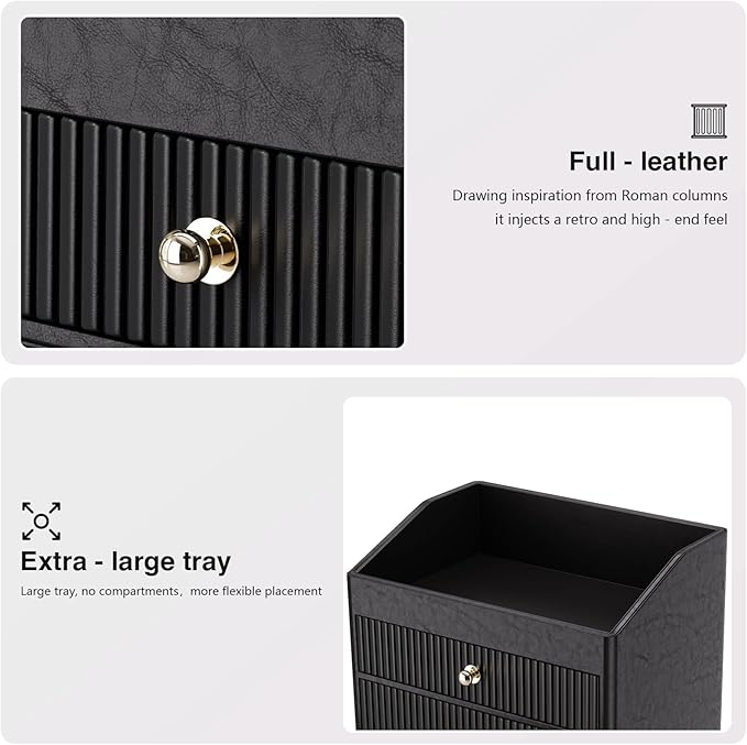Office Supplies,Black Vegan Leather Office Organization with 2 Drawers & Tray,Glasses Holder with Gold-Tone Metal Accents Knob for End Tables,Bedside Table,Bedroom