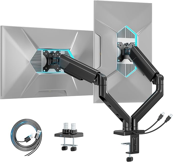 ARES WING Dual Monitor Mount, Heavy Duty Monitor Arms for 2 Monitors for 17-35 Inch, Fully Adjustable Monitor Desk Stand with USB A/C for Ultrawide Screen, VESA 75x75 or 100x100mm, Black