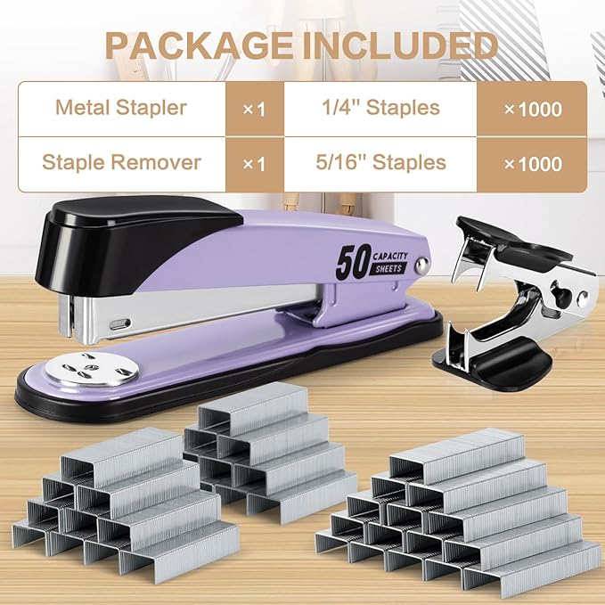 Deli Stapler Heavy Duty, Full Strip Staplers for Desk with 2000 Staples and Staple Remover, 50 Sheet Capacity, No Jam, Non-Slip Office Stapler with Staples for Office, Classroom, Purple