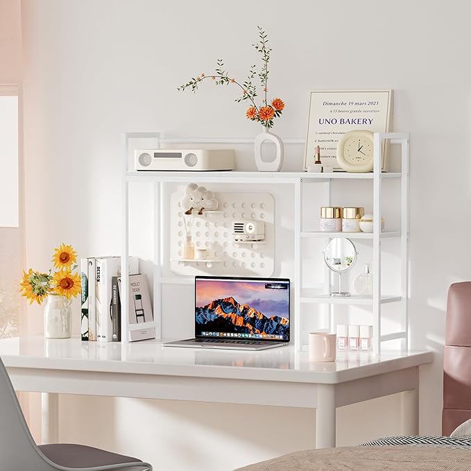 Snughome Desk Shelf, 38.6" Desktop Organizer Shelf, Desk Hutch for Computer Monitor, 4 Tier Desk Display Rack, Wood Desktop Bookshelf Storage Rack for Home Office Dorm, White