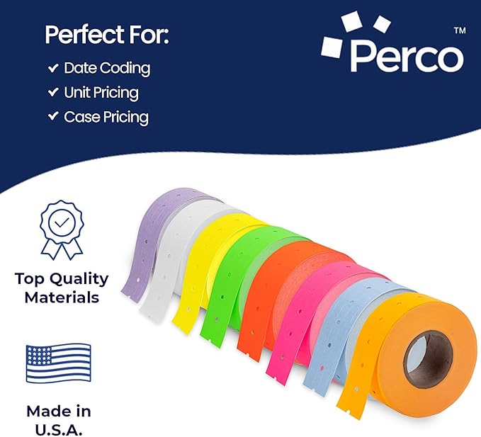 Perco 1 Line Multicolored Sleeve—8 Rolls, 1 Sleeve, 8,000 Labels for Perco Lite, X, Plus & Pro Guns—Includes White, Yellow, Blue, Lavender & Fluorescent Colors (Red, Green, Pink, Orange)—Made in USA