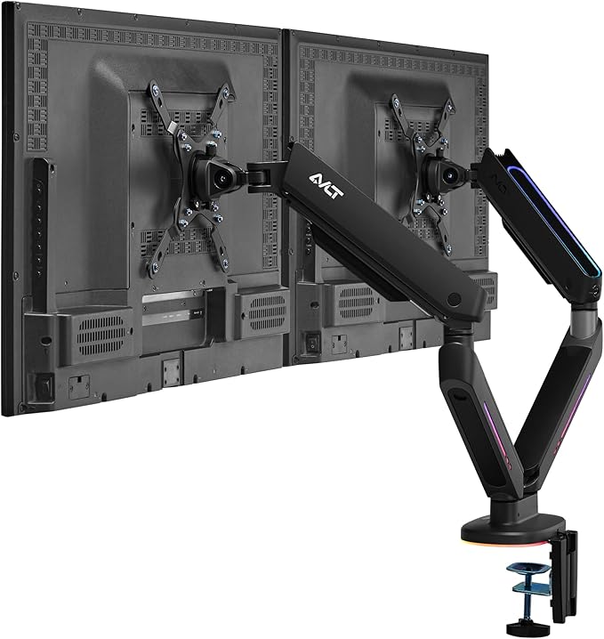 AVLT Dual 27”-43” RGB Gaming Monitor Arm Desk Mount Built-in 20 Lighting Modes Touch Button Control Fits Flat/Curved/Ultrawide Screen Height Swivel Tilt Rotation Adjustable Stand -Black