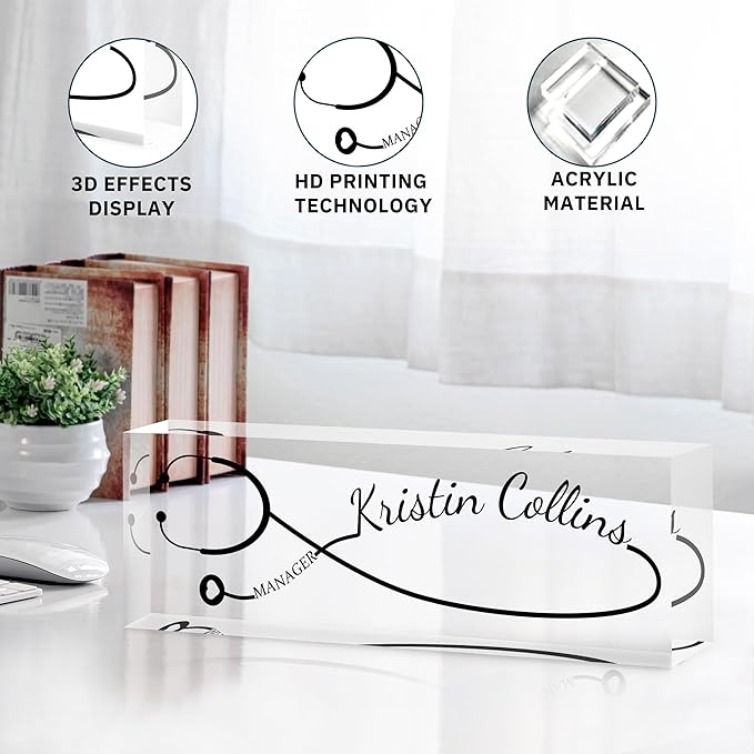 Custom Name Plate for Desk, Personalized Desk Name Plate on Clear Acrylic Glass, Appreciation Gifts for Teacher Employee Boss Coworkers Nurse, Office Desk Accessories for Women Men (Onyx)