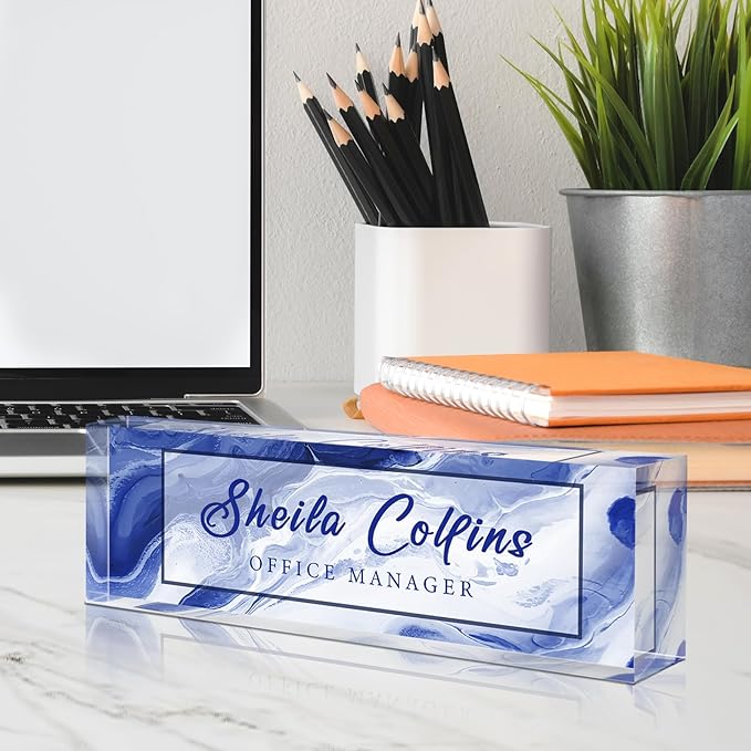 Custom Acrylic Name Plate for Desk, Employee Appreciation Gifts, Office Decor, Personalized, Funny Gifts for Coworkers Boss Teacher (Blue/White)