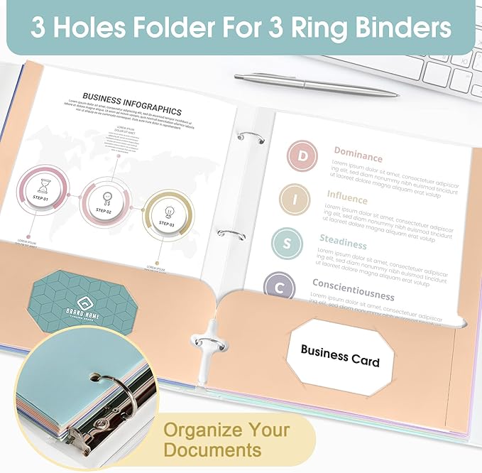 Pastel Folders with Pockets, 2 Pocket Folders Bulk (120 Pack, Assorted Colors), 3 Hole Punched with Business Card Slot, Letter Size, Cute Aesthetic Paper File for School Office Home for Girls