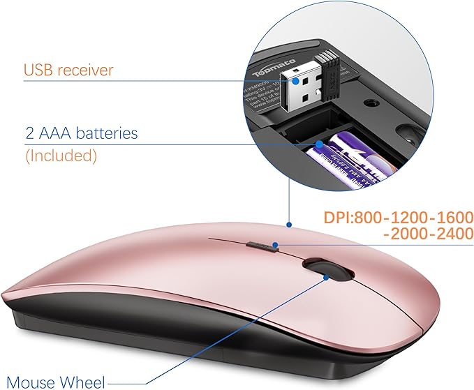 Wireless Keyboard and Mouse Ultra Slim Combo, TopMate 2.4G Silent Compact USB 2400DPI Mouse and Scissor Switch Keyboard Set with Cover, Batteries Included, for PC/Laptop/Windows/Mac - Rose Gold Black