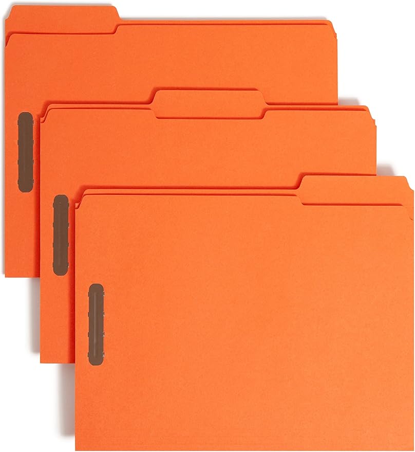 Smead Fastener File Folders, Reinforced 1/3-Cut Tabs, 2 Fasteners, Letter Size, Orange, 50 per Box (12540)
