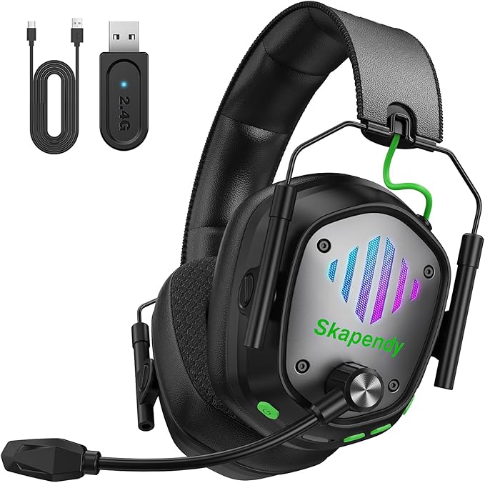 SKAPENDY Wireless Gaming Headset for PS5, PS4, PC, Switch – 2.4GHz & Bluetooth Gaming Headphones with Mic, 3D Stereo Surround Sound, 20ms Low Latency, ENC Noise Canceling, RGB Light, 50H Battery