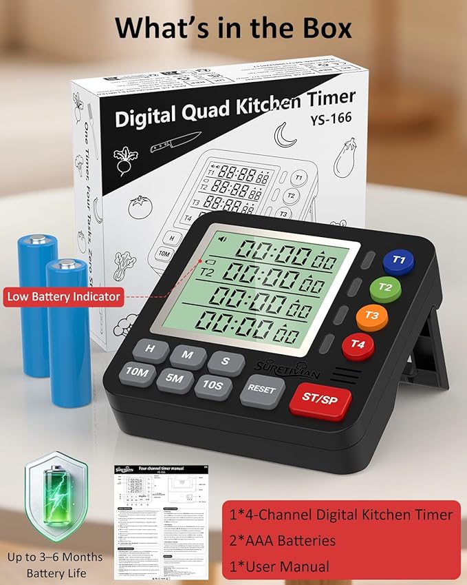 Digital Kitchen Timer for Cooking - 4 Channel Count Up Countdown Timer with Loud Alarm and Silent Mode, Large Display, Magnetic Back, Auto Memory for Classroom Study Gym, Battery Included (Black)