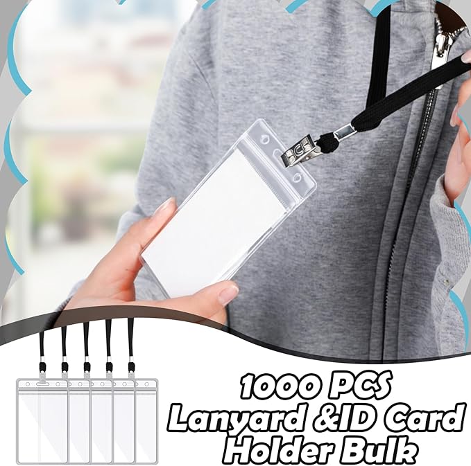 Zhehao 1000 Pcs Lanyard with ID Card Holder Bulk - Black Flat Neck Lanyards with Clip and Plastic Clear Vertical Resealable Name Badge Holder for School, Office, Hospital