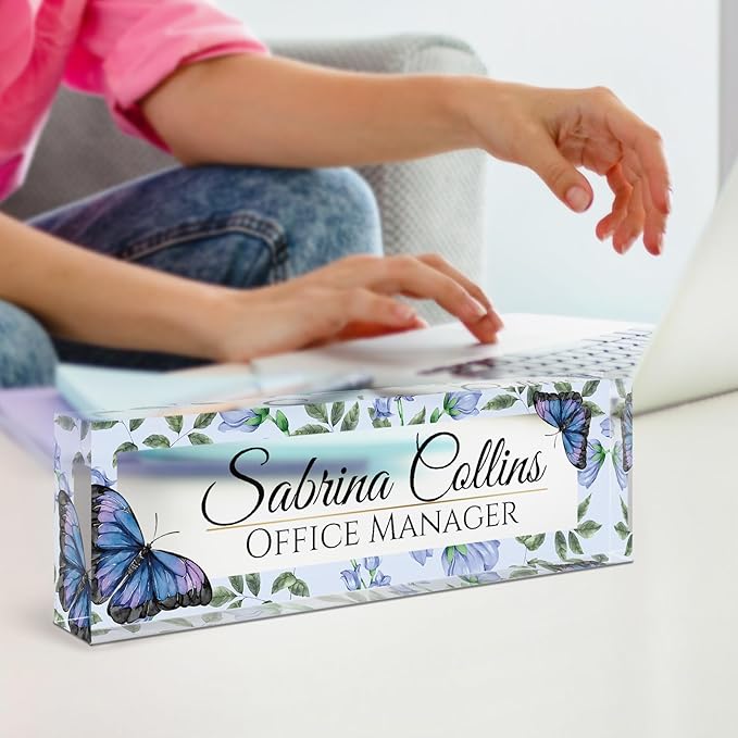 Name Plate for Desk, Desk Name Plate Personalized, Office Decor for Women Men, Acrylic Desktop Accessories, Office Appreciation Gifts for Boss Social Workers Nurse Teacher Employee (Blue Butterfly)