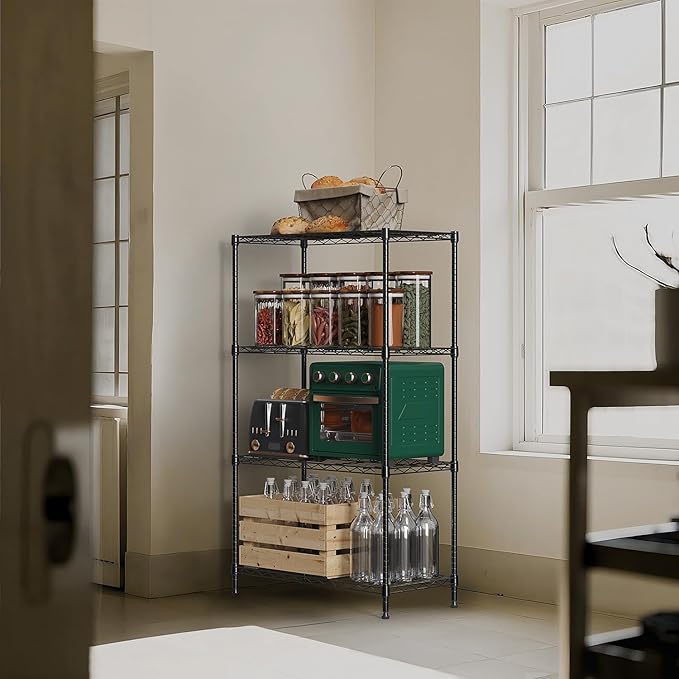 1000 lbs 4Tier Shelf Metal Storage Shelves Wire Rack Closet Organizers with Wheel for Garage Kitchen Bathroom Laundry Black 13.7" D x 23.6" W x 53.4" H