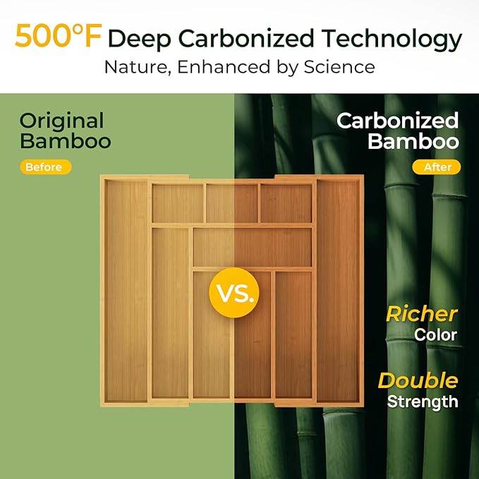 Carbonized Bamboo Kitchen Drawer Organizer, 10 Slots Expandable Silverware Organizer, Utensil Holder & Cutlery Tray, 2.2" Deep for Extra Capacity, Non-Slip Feet Included