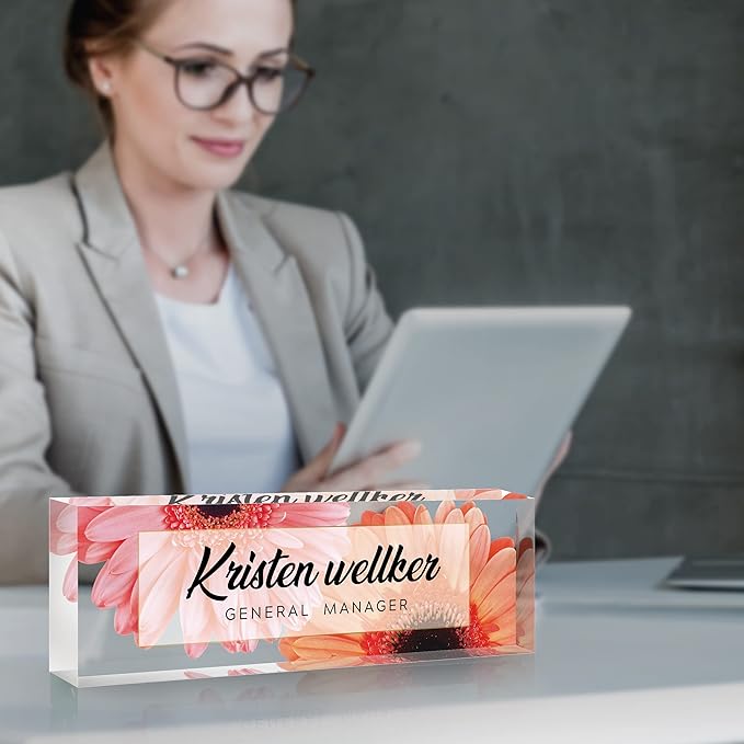 Desk Name Plate Personalized, Premium African Daisy Acrylic Desk Name Plate, Personalized Name Plate for Desk, Office Decor for Women or Men Coworkers, Boss, Employee, Teacher