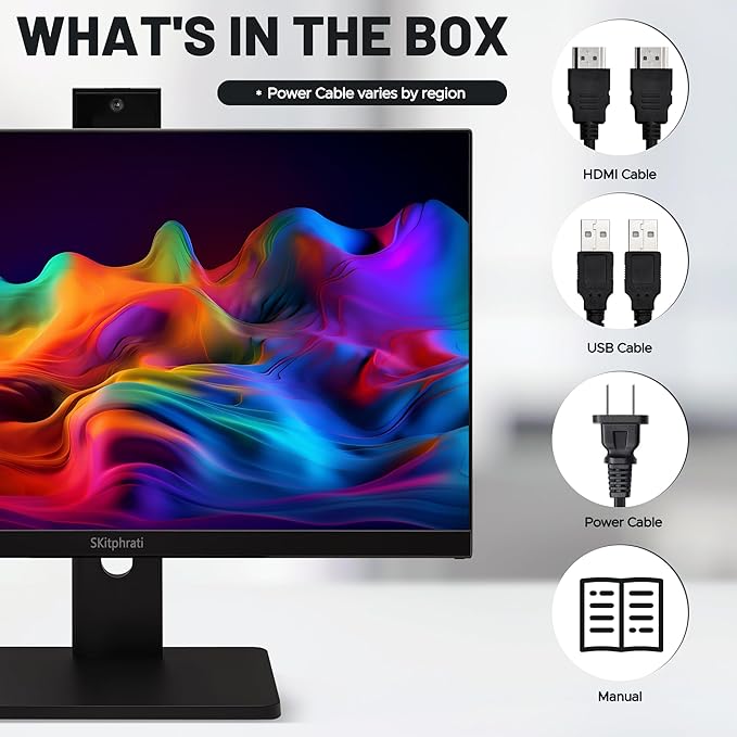 SKitphrati 23.8” Business Webcam Gaming Monitor, 1080P IPS 120HZ, Video Conference Monitor - Built-in Adjustable 3MP Webcam, Mic Array, Speakers, Eye Care, Frameless, HDMI, DP, VGA, USB 2.0