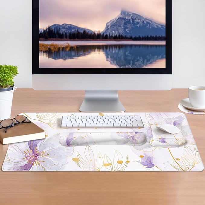 MOSISO Desk Mat Keyboard Mouse Pad Set, Large Gaming Mouse Pad&Keyboard Wrist Rest&Mousepad with Wrist Rest&Coaster, Ergonomic Non-Slip Home Office Mousepad with Memory Foam, Purple
