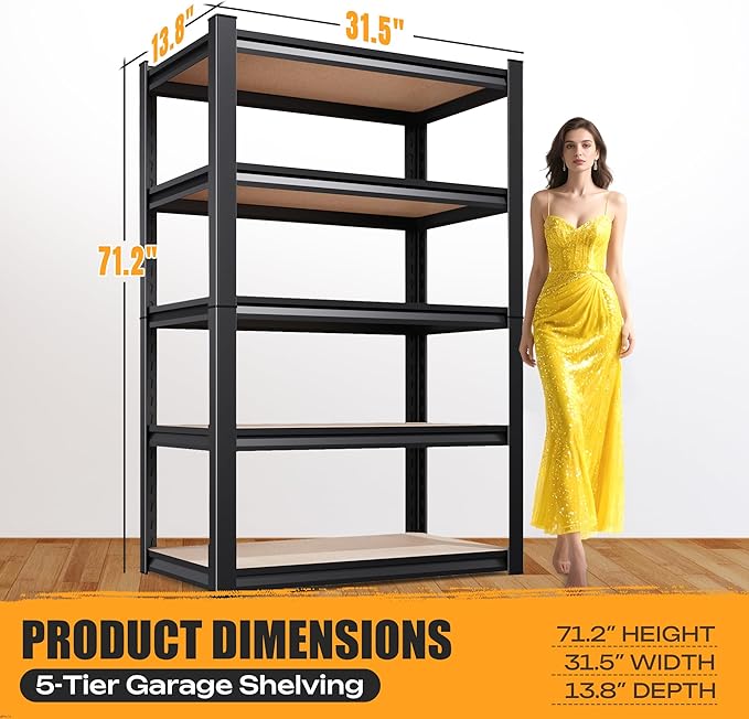 5-Tier Garage Shelving Heavy Duty Storage Shelves, Metal Adjustable Shelving Unit, Utility Garage Organizer Shelf for Basement, Pantry, Kitchen, Warehouse, 31.5" W x 13.8" D x 71.2" H, Black