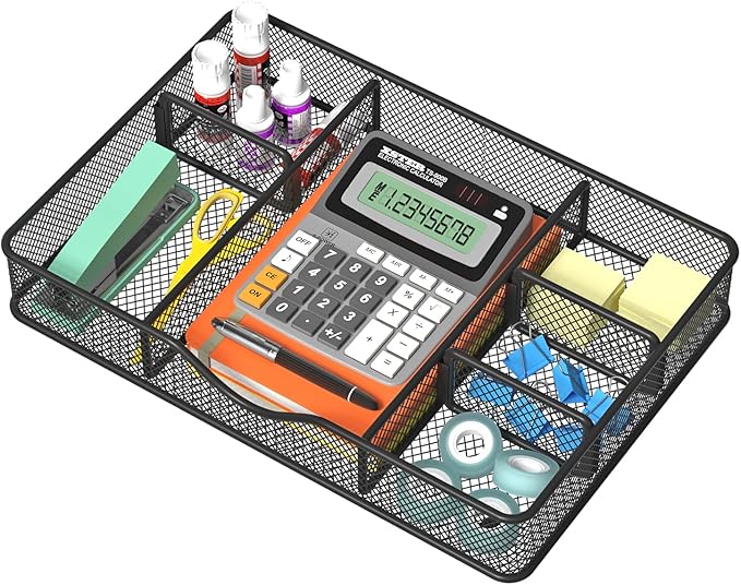 Desk Drawer Organizer, Metal Mesh Drawer Organizer Tray with 6 Adjustable Compartment, Tray Organizer for Desktop, Kitchen, Bathroom, Makeup, Vanity - 14.5x8.8x1.96 inch, Black, 1PC Large