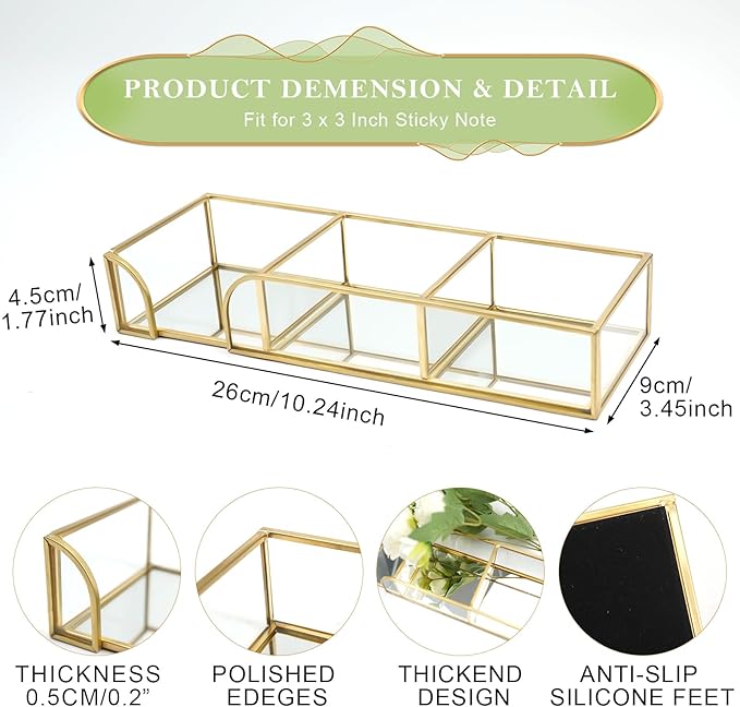 3 x 3 Inch Sticky Note Holder Gold Glass Post It Note Dispenser, 3 Slot Sticky Note Dispenser, Stylish Post It Holder for Home Office Desk Decor